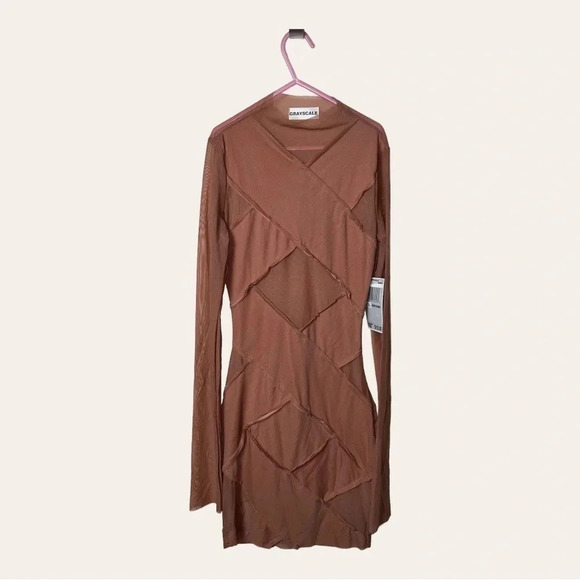 Grayscale XS Brown Bandage Mesh Mini Dress Long Sleeve Party‎ Cocktail - Picture 2 of 10